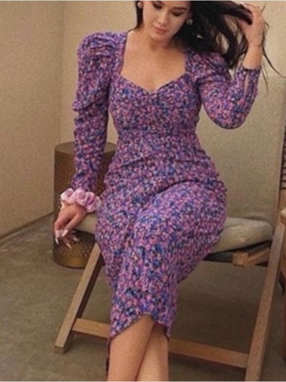 Zara Floral Ruched Midi Dress Size Medium Puff Sleeve Open Back